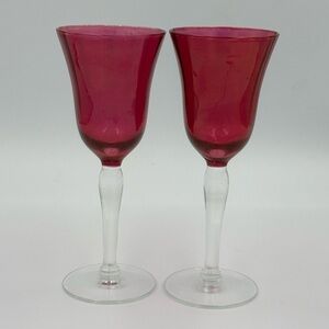 2 Vintage Cranberry Glass Iridescent Fluted Port, Sherry, Cordial Glasses